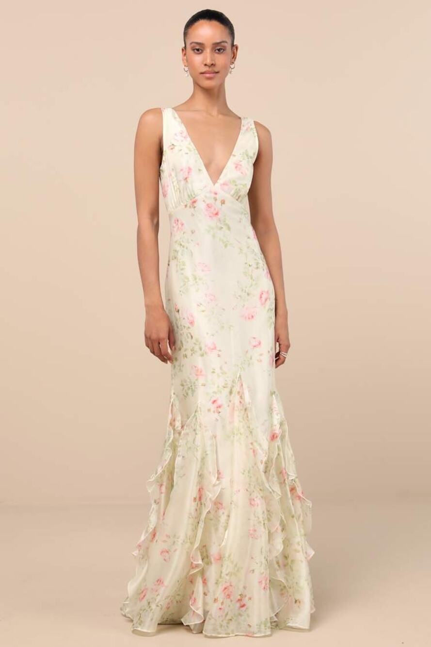 Lulus Deluca Cream Floral Sleeveless Ruffled Maxi Dress Size XS